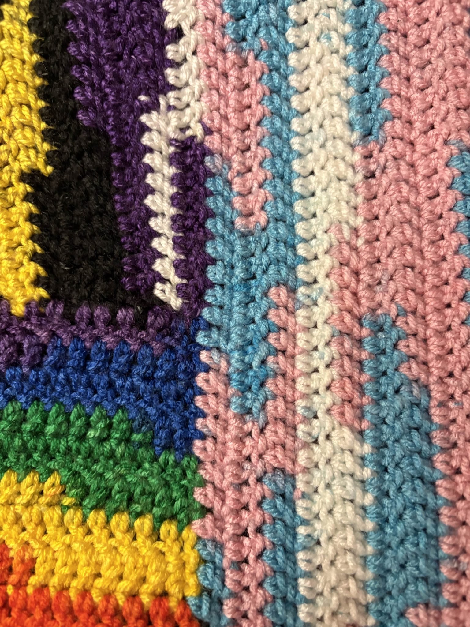 Close-up of rows of crochet stitches in different colours