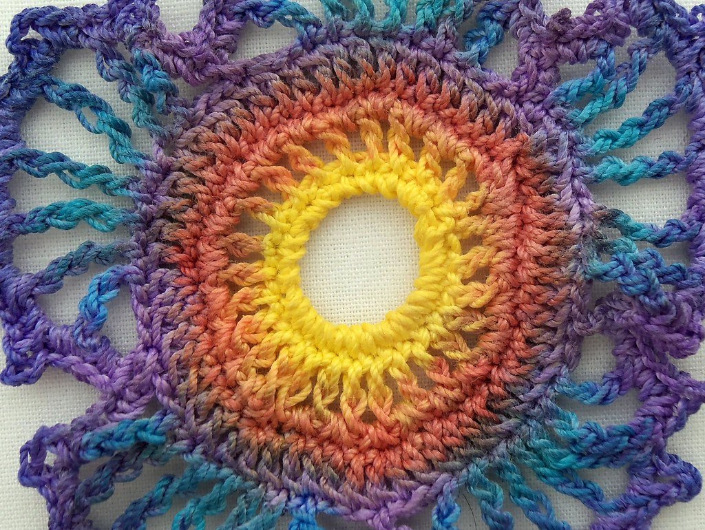 Colourful crochet worked in tall stitches
