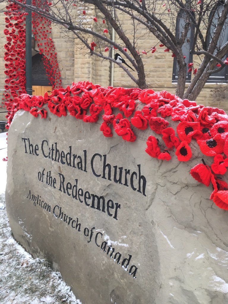 Handmade red poppies displayed for Remembrance